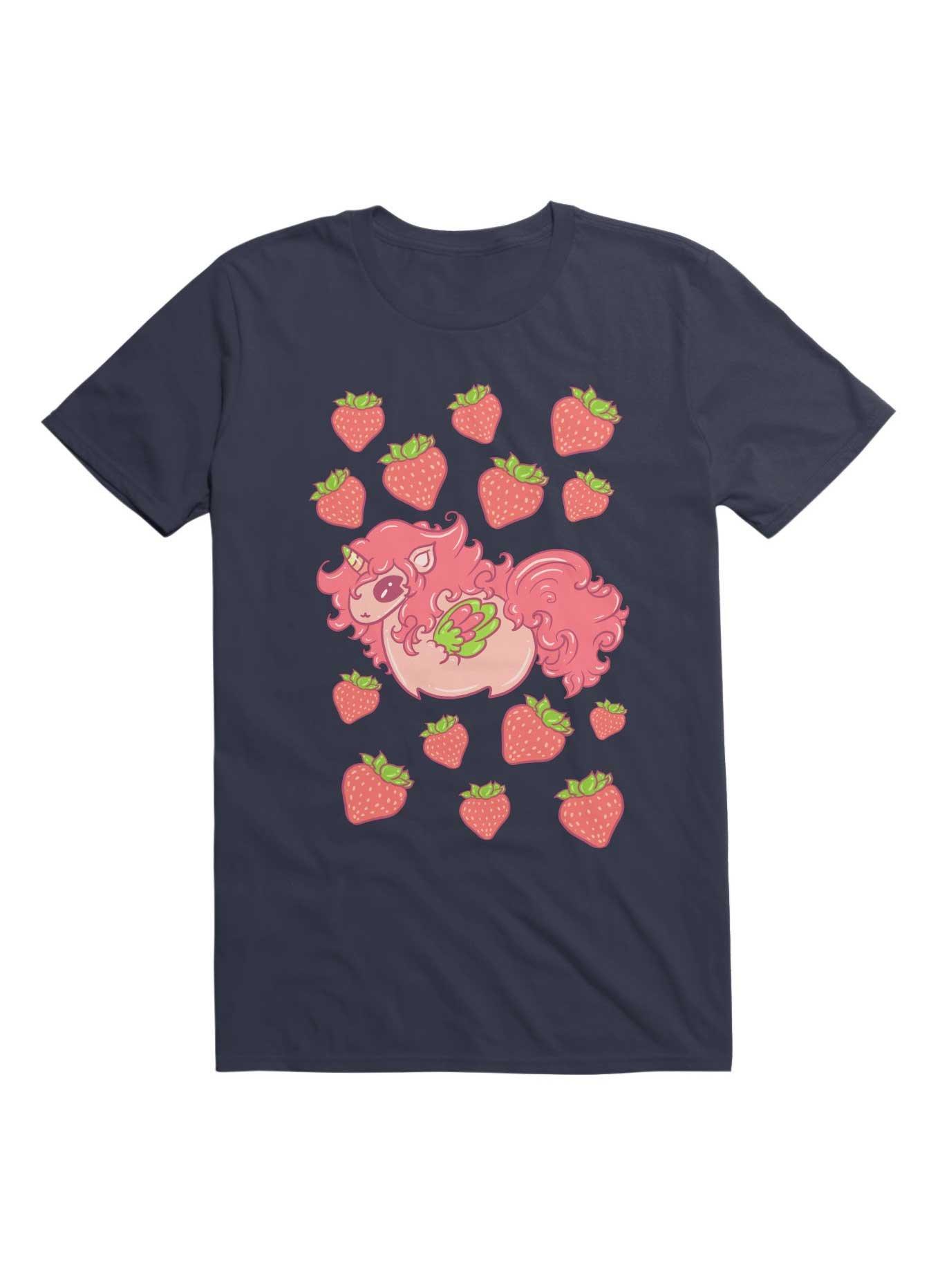 Kawaii Strawberry Unicorn With Strawberries T-Shirt, NAVY, hi-res