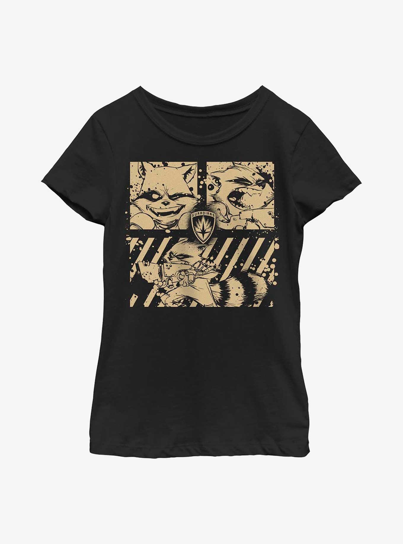 Marvel Guardians Of The Galaxy Rocket Raccoon Action Panels Youth Girls T-Shirt, , hi-res