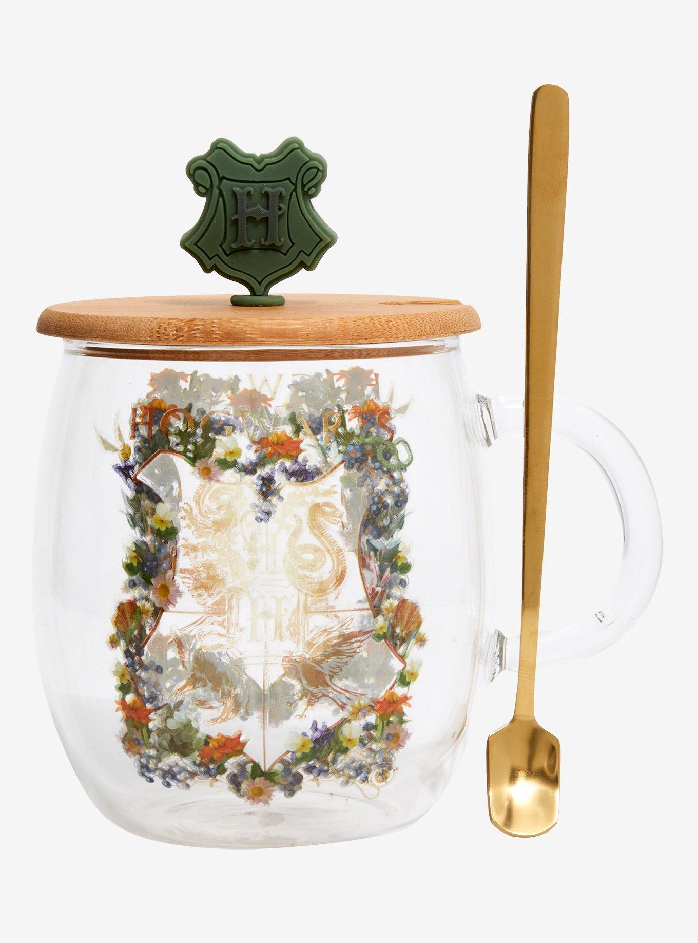 Harry Potter Floral Hogwarts Crest Glass Mug with Lid & Spoon Set