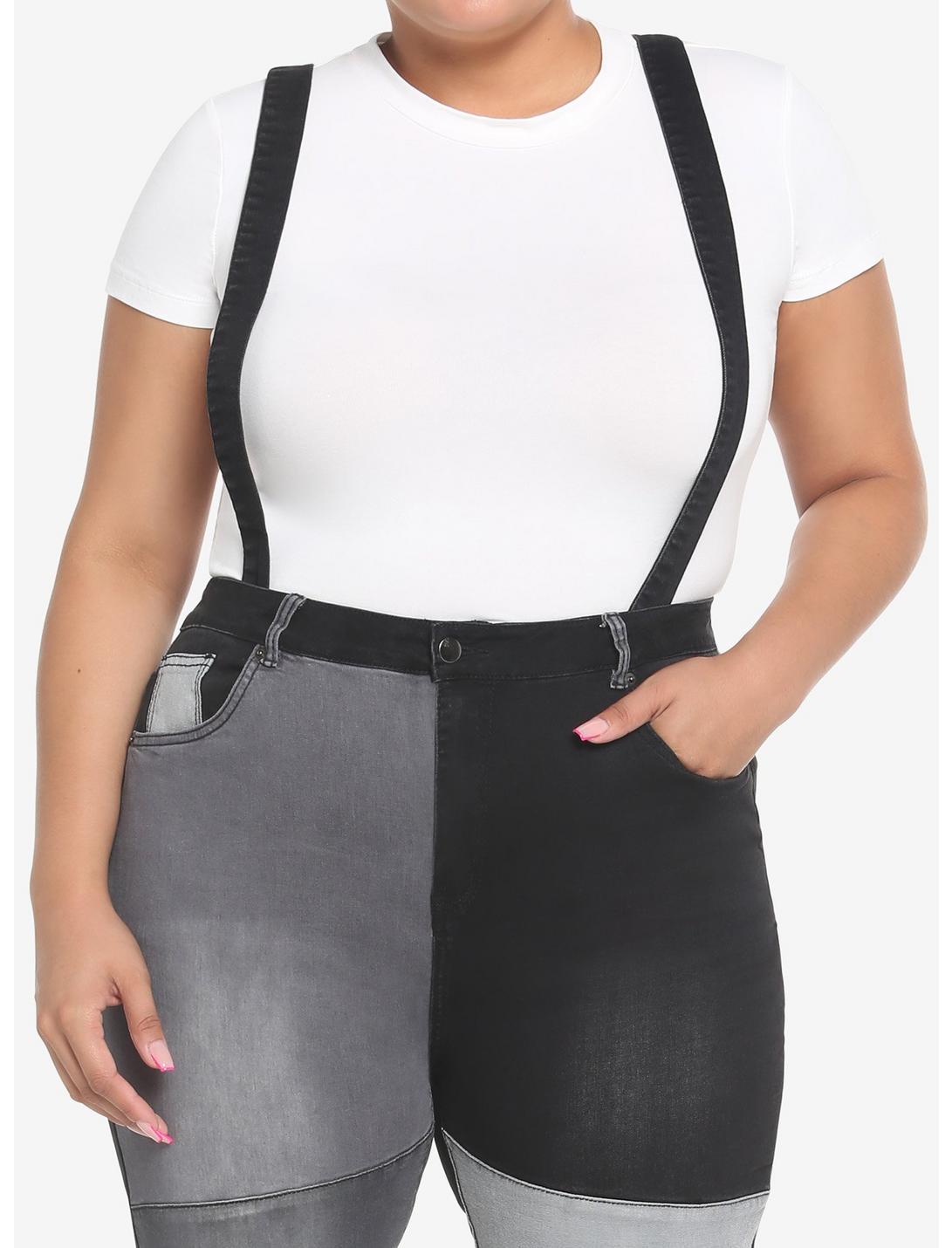 Black & Grey Patchwork Flare Suspender Pants Plus Size, BLACK, hi-res
