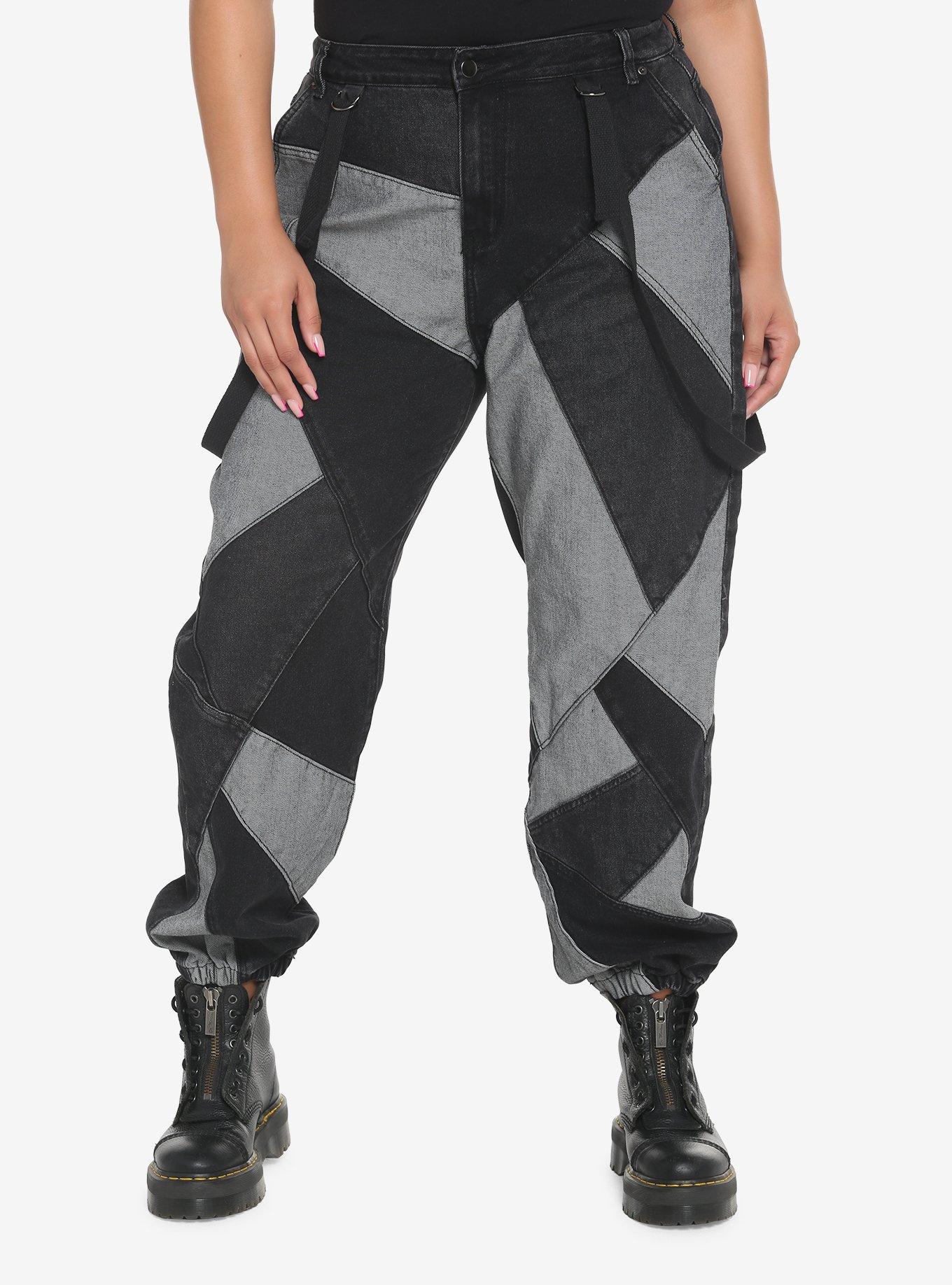 Black & Grey Patchwork Denim Joggers Plus Size, BLACK, hi-res