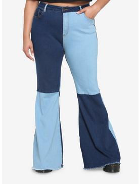 Indigo Patchwork Flare Pants Plus Size, , hi-res
