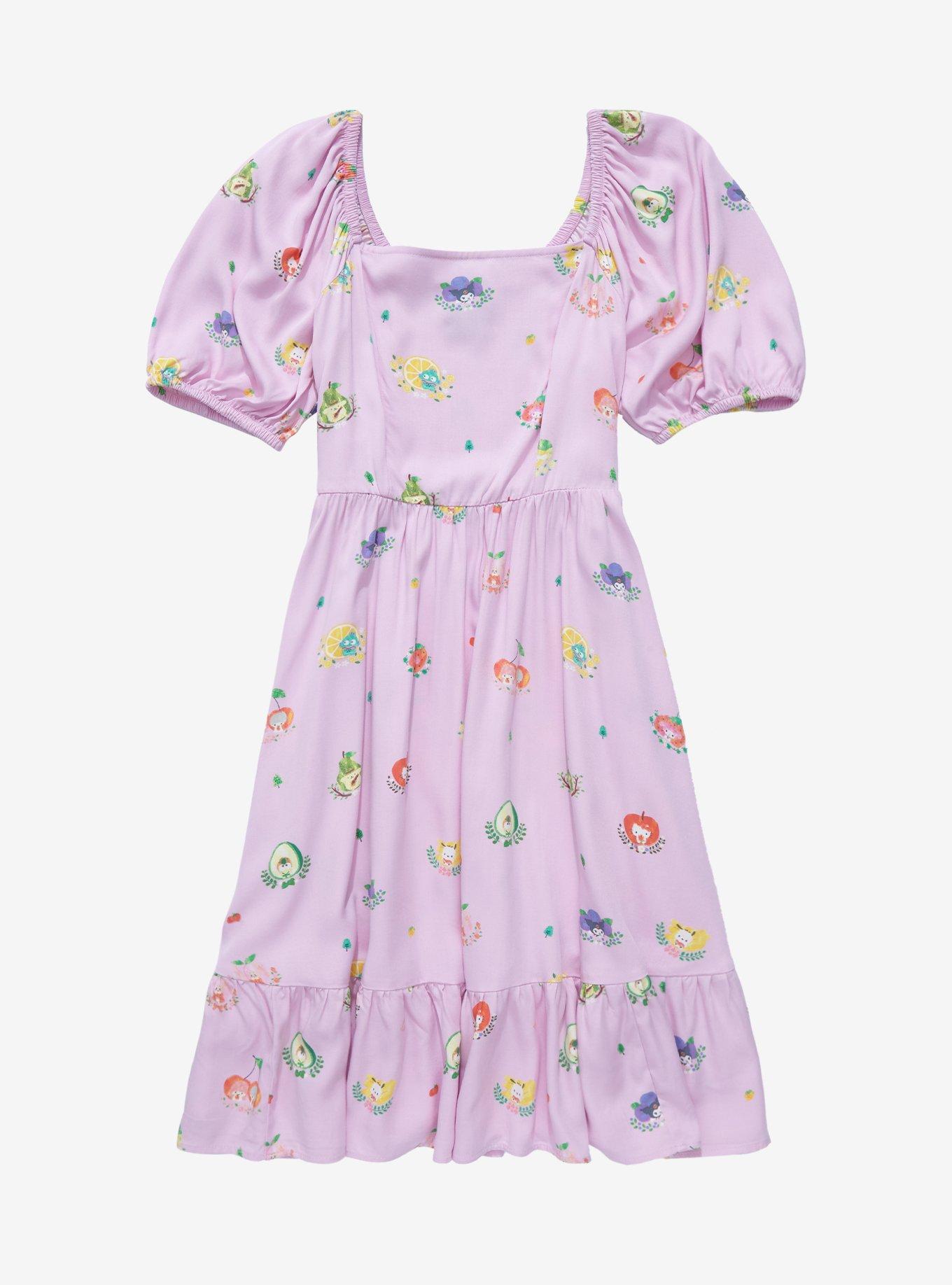 Sanrio Fruits Hello Kitty and Fruits Allover Print Smocked Dress - BoxLunch Exclusive , LAVENDER, hi-res