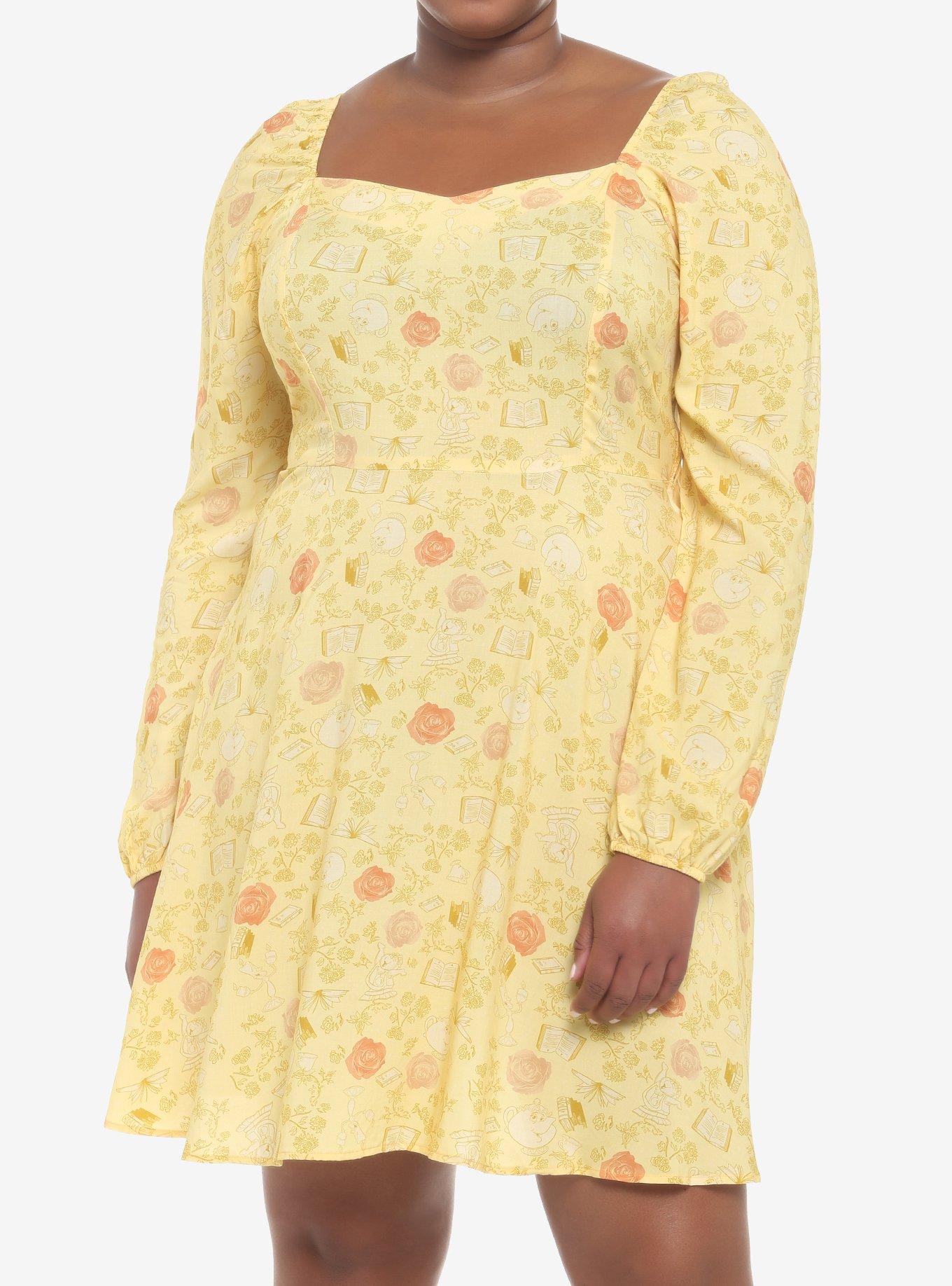 Disney Beauty And The Beast Floral Long-Sleeve Dress Plus Size, , hi-res