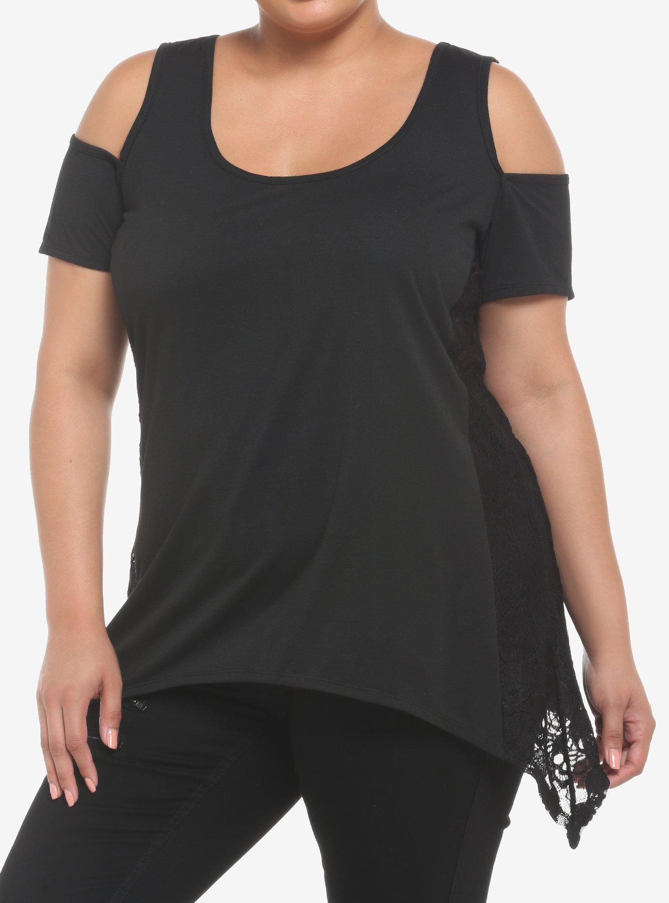 Black Skull Lace Cold Shoulder Sharkbite Girls Tank Top Plus Size, BLACK, hi-res
