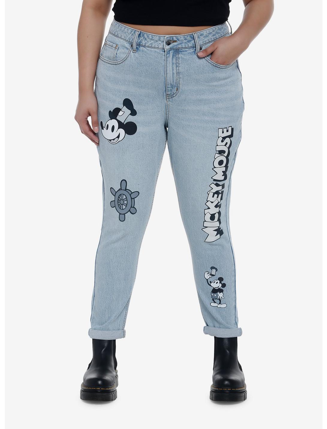 Disney Mickey Mouse Steamboat Willie Mom Jeans Plus Size, LIGHT WASH, hi-res