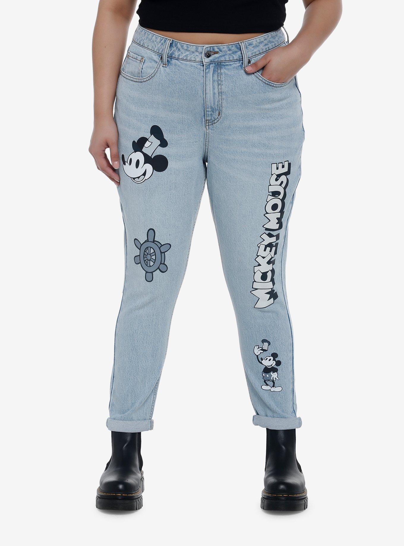 Disney Mickey Mouse Steamboat Willie Mom Jeans Plus Size, LIGHT WASH, hi-res