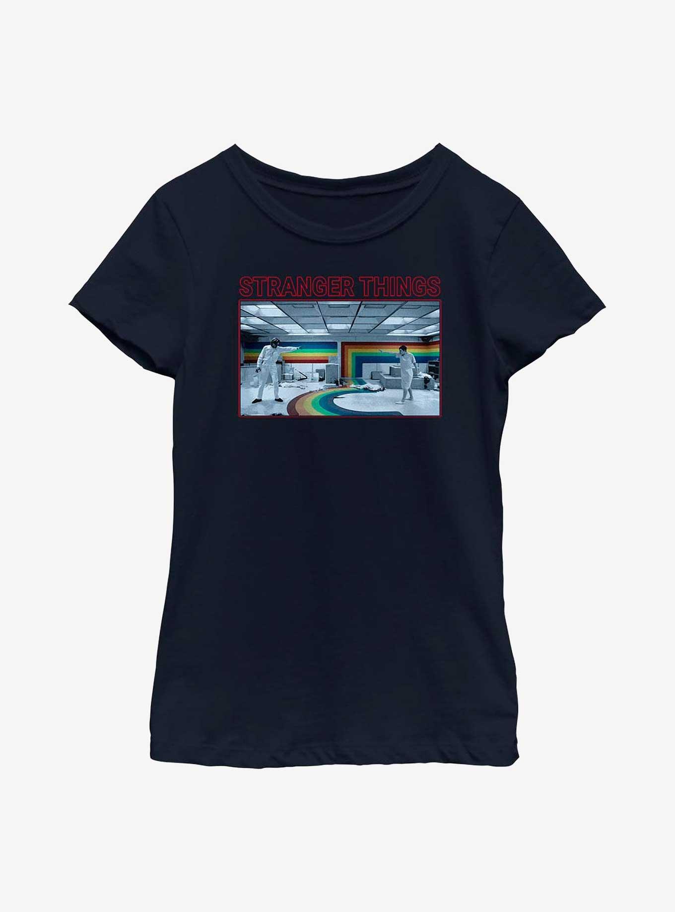 Stranger Things Rainbow Room Fight Youth Girls T-Shirt, NAVY, hi-res