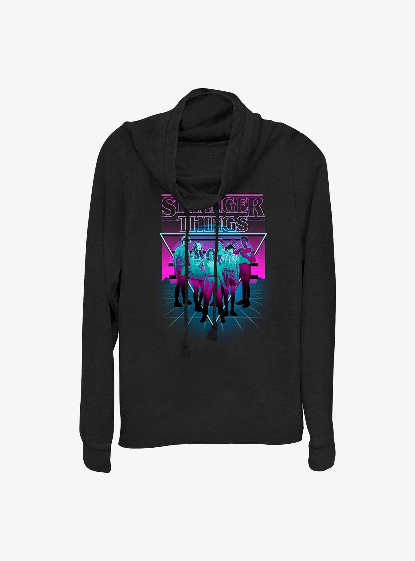 Stranger Things Neon Group Cowl Neck Long-Sleeve Top, , hi-res