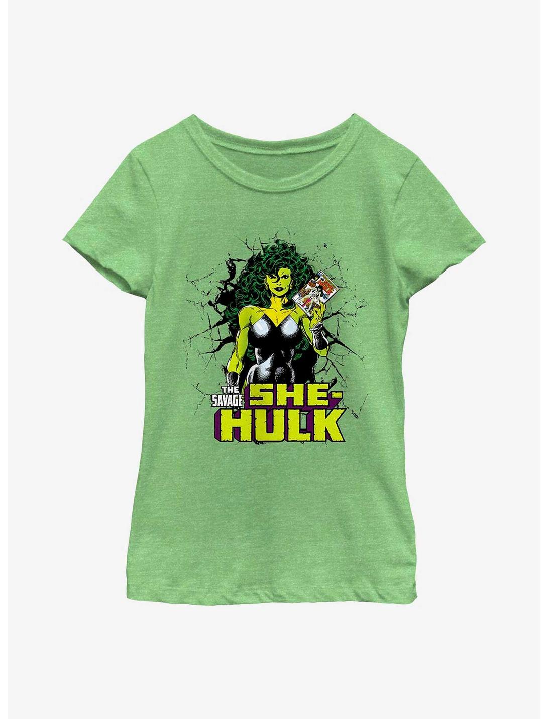 Marvel She-Hulk Holding Comic Youth Girls T-Shirt, GRN APPLE, hi-res