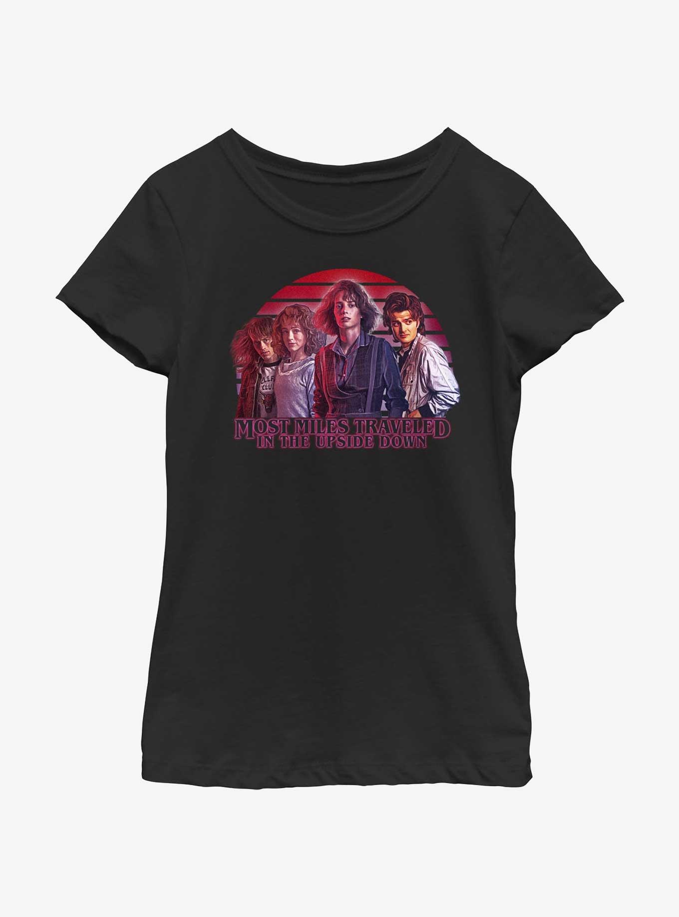 Stranger Things Most Miles Traveled In The Upside Down Youth Girls T-Shirt, BLACK, hi-res