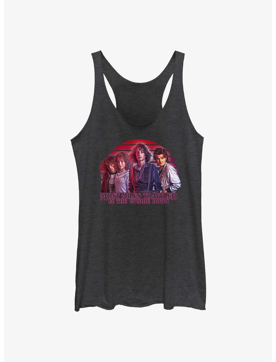 Stranger Things Most Miles Traveled In The Upside Down Womens Tank Top, BLK HTR, hi-res
