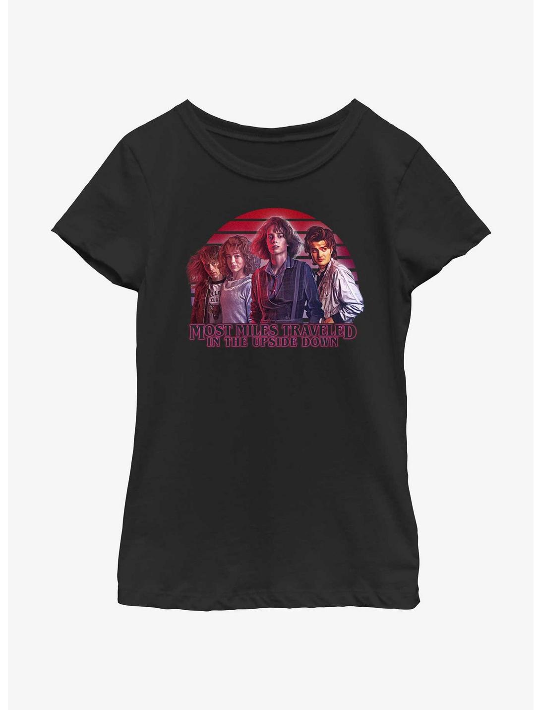 Stranger Things Most Miles Traveled In The Upside Down Youth Girls T-Shirt, BLACK, hi-res