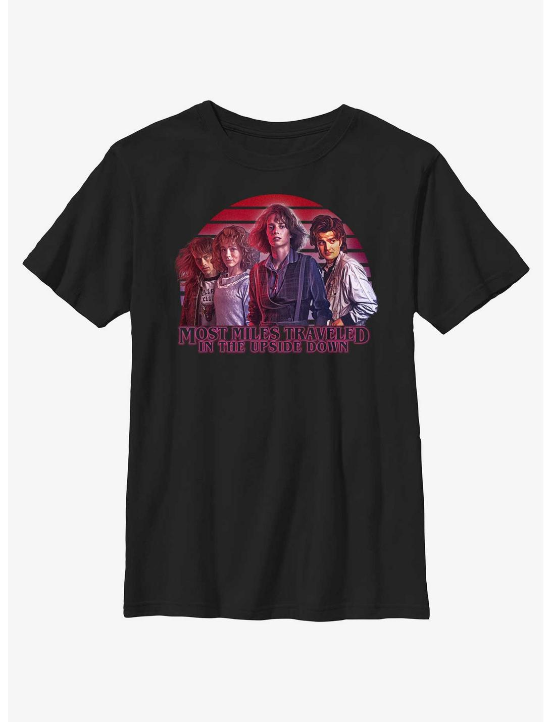 Stranger Things Most Miles Traveled In The Upside Down Youth T-Shirt, BLACK, hi-res