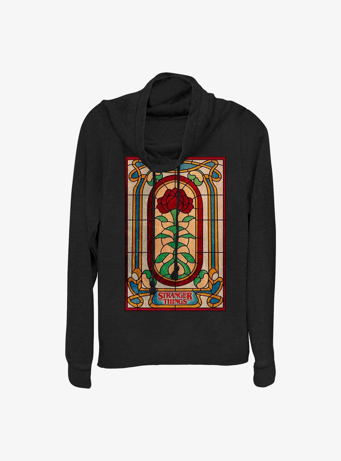 Stranger Things Stained Glass Cowl Neck Long-Sleeve Top, BLACK, hi-res