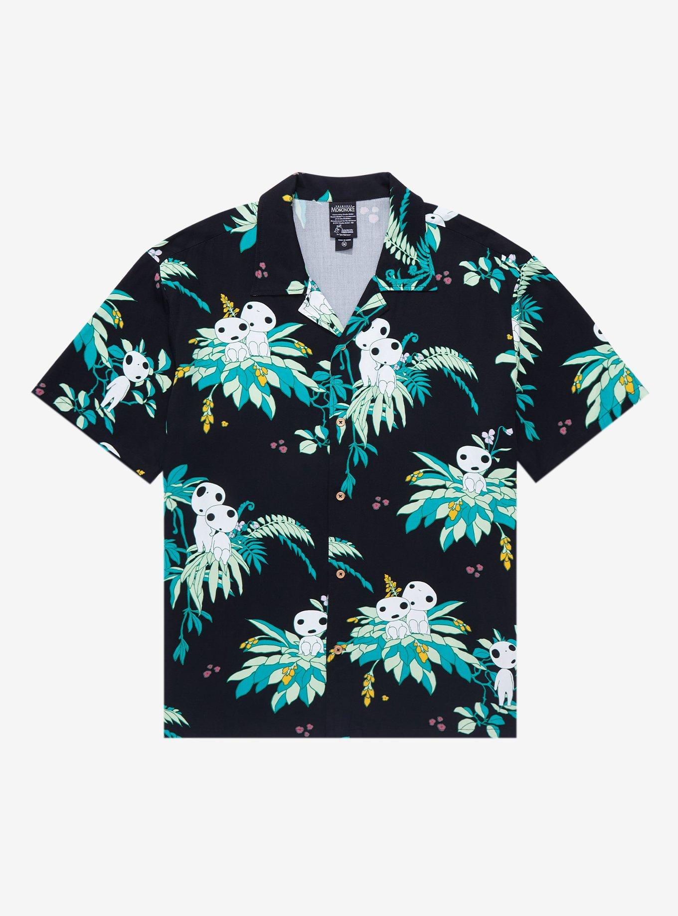 Studio Ghibli Princess Mononoke Kodama Allover Print Woven Button-up - BoxLunch Exclusive, BLACK, hi-res