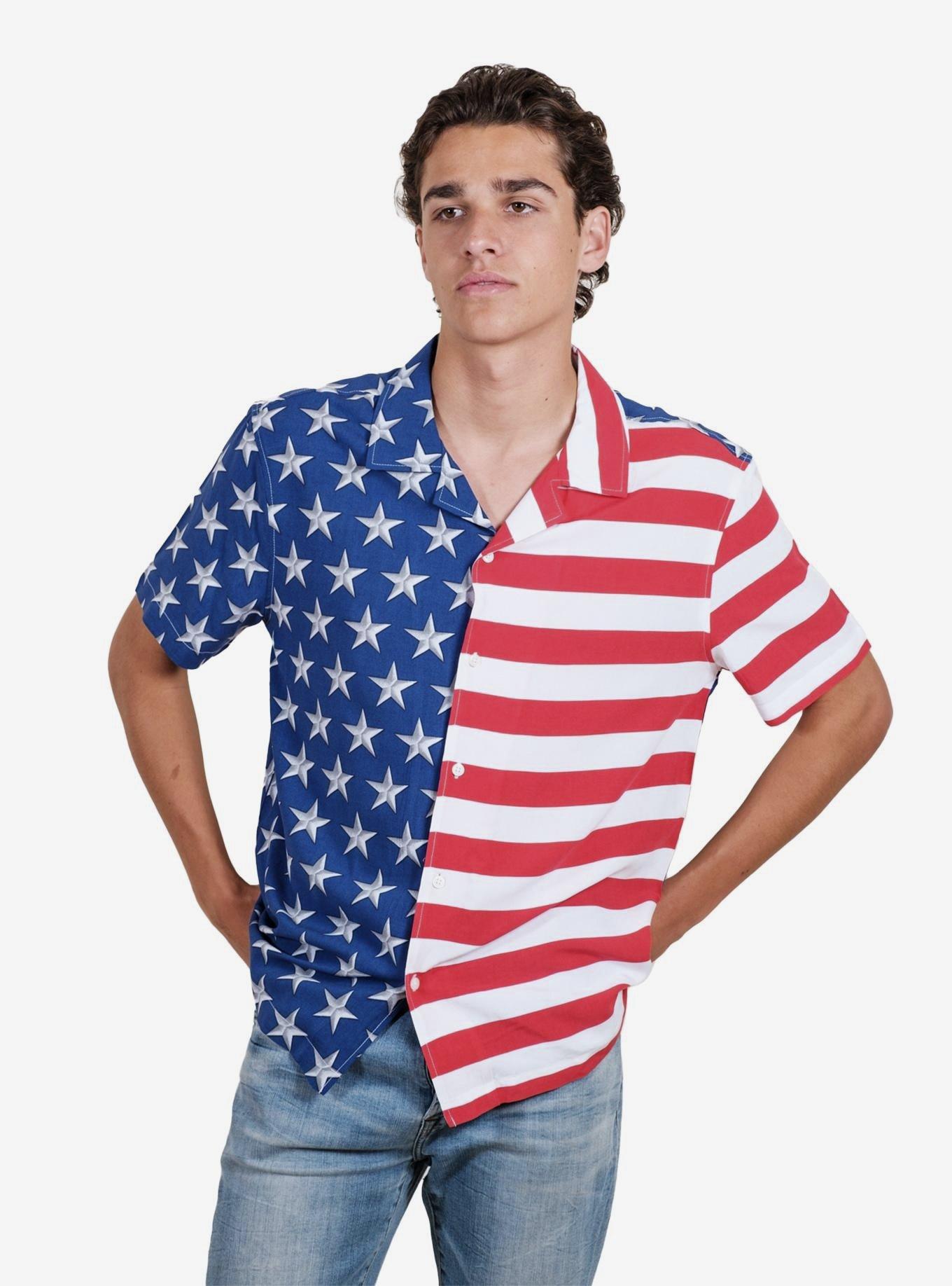 Split Flag Woven Shirt in Red, White, and Blue Button Up, RED  WHITE  BLUE, hi-res