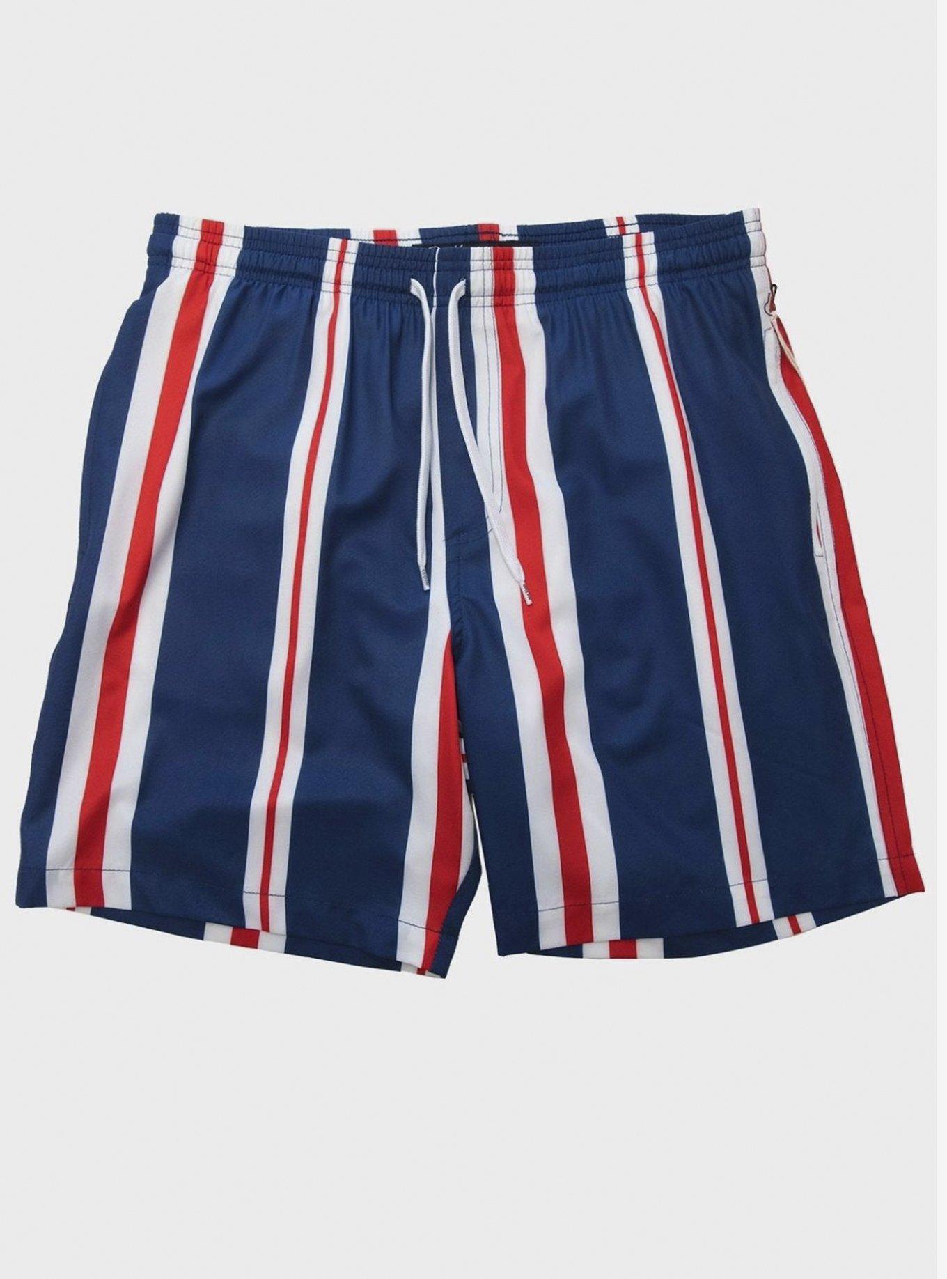 Red White and Blue Americana Stripe Swim Trunks, RED  WHITE  BLUE, hi-res