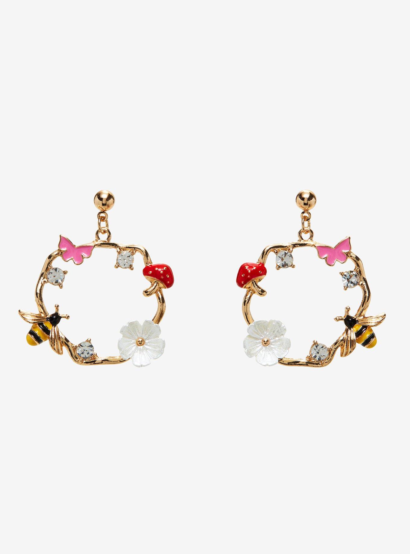 Butterfly Bee Mushroom Wreath Earrings, , hi-res