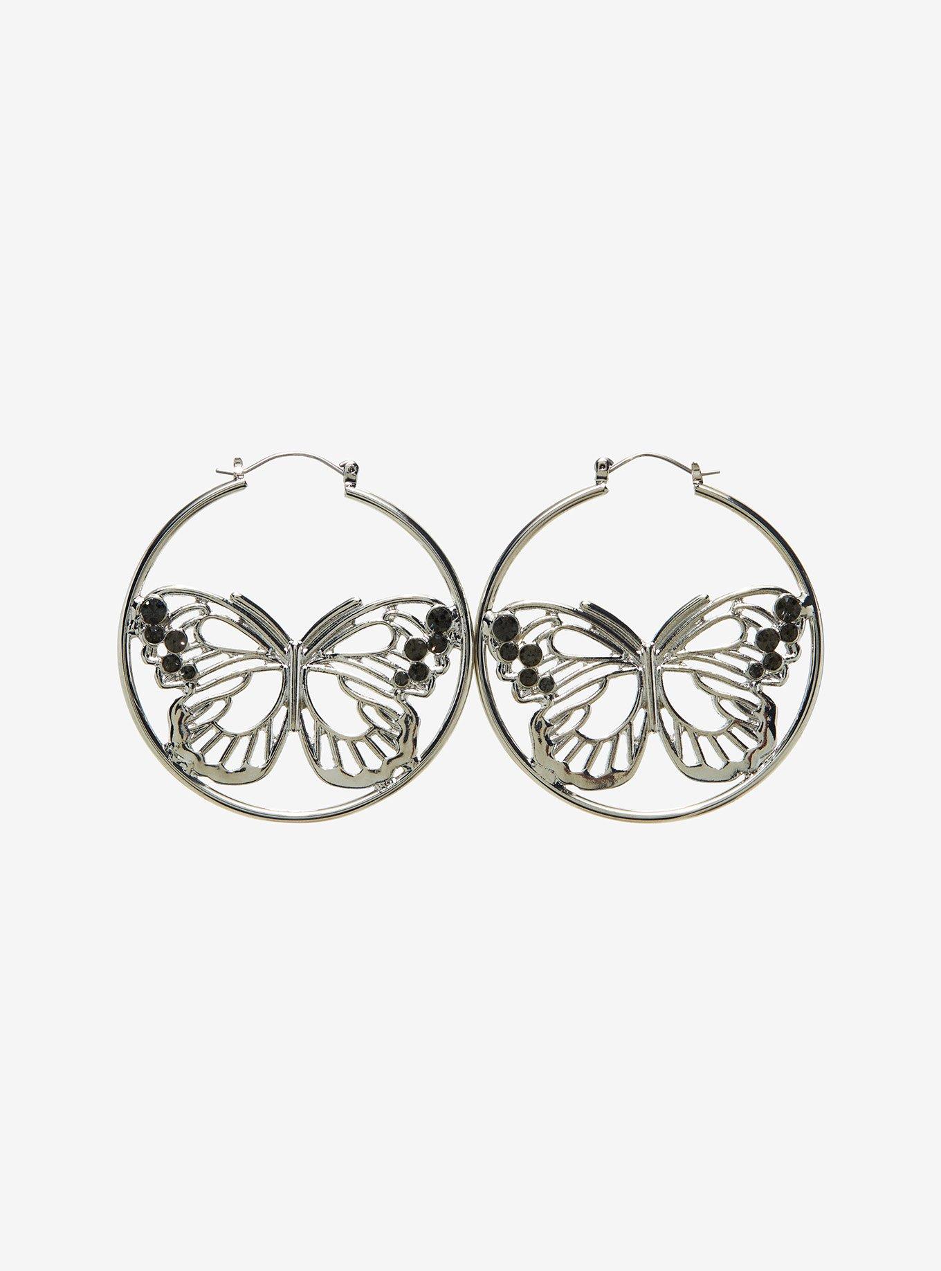 Butterfly Black Gem Hoop Earrings, , hi-res