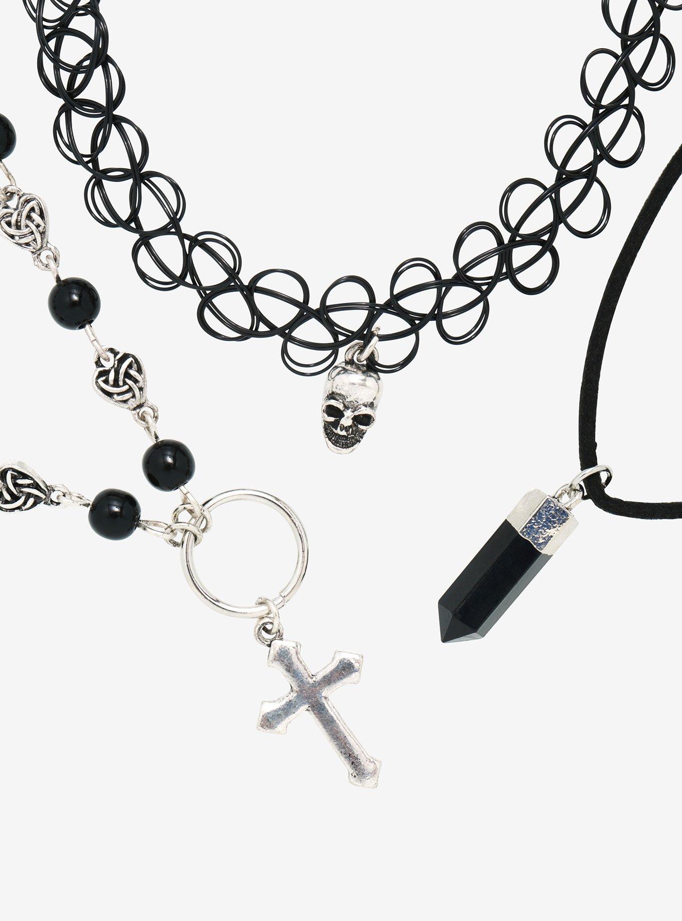 Black Skull Rosary Necklace Set, , hi-res