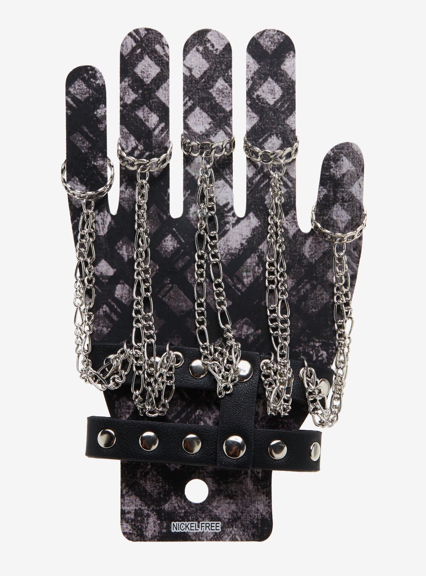 Black Faux Leather Hand Ring Bracelet, , hi-res