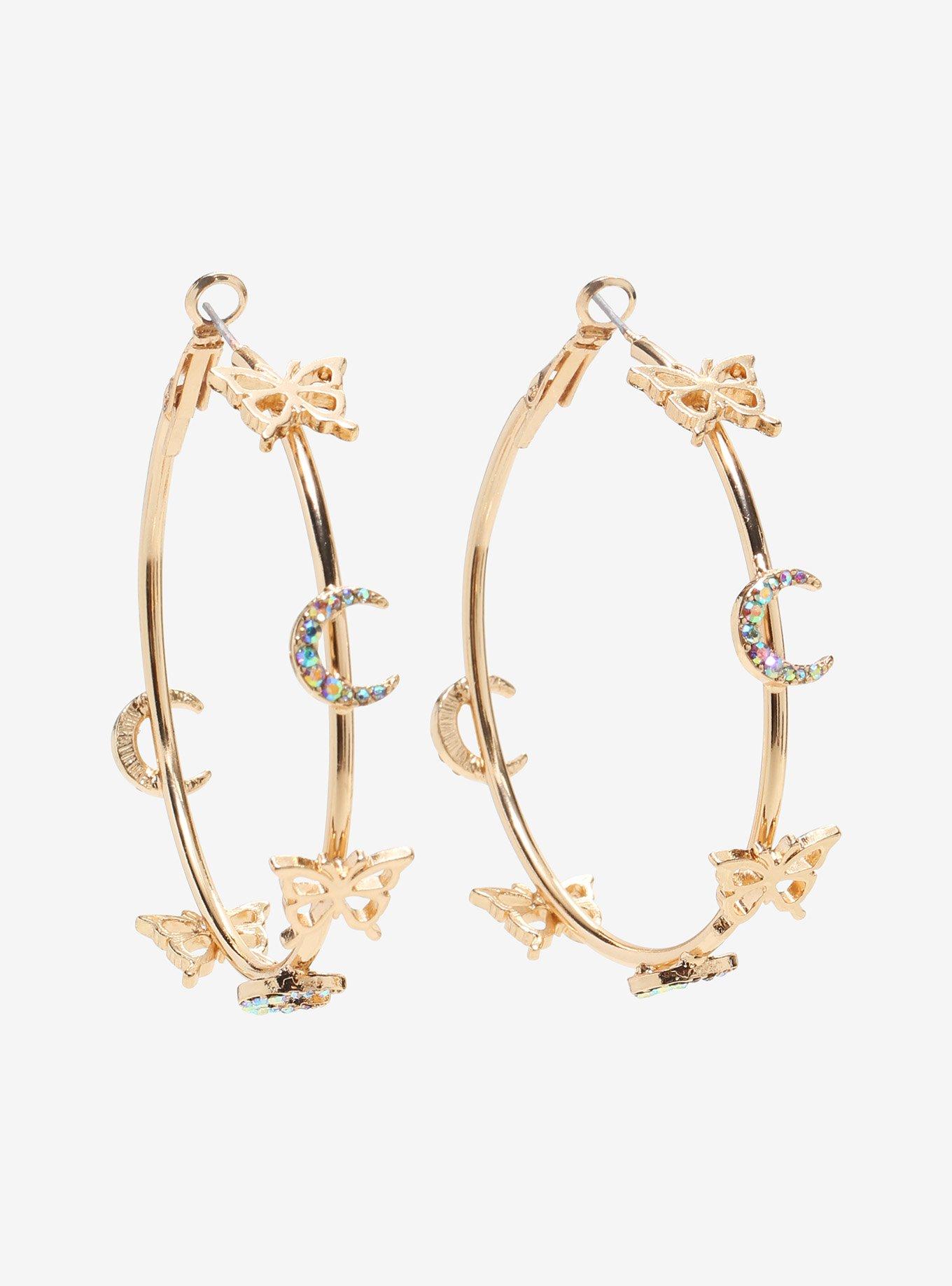 Butterfly Crescent Moon Hoop Earrings, , hi-res