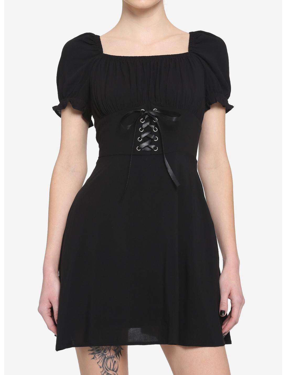 Black Puff Sleeve Corset Dress, BLACK, hi-res