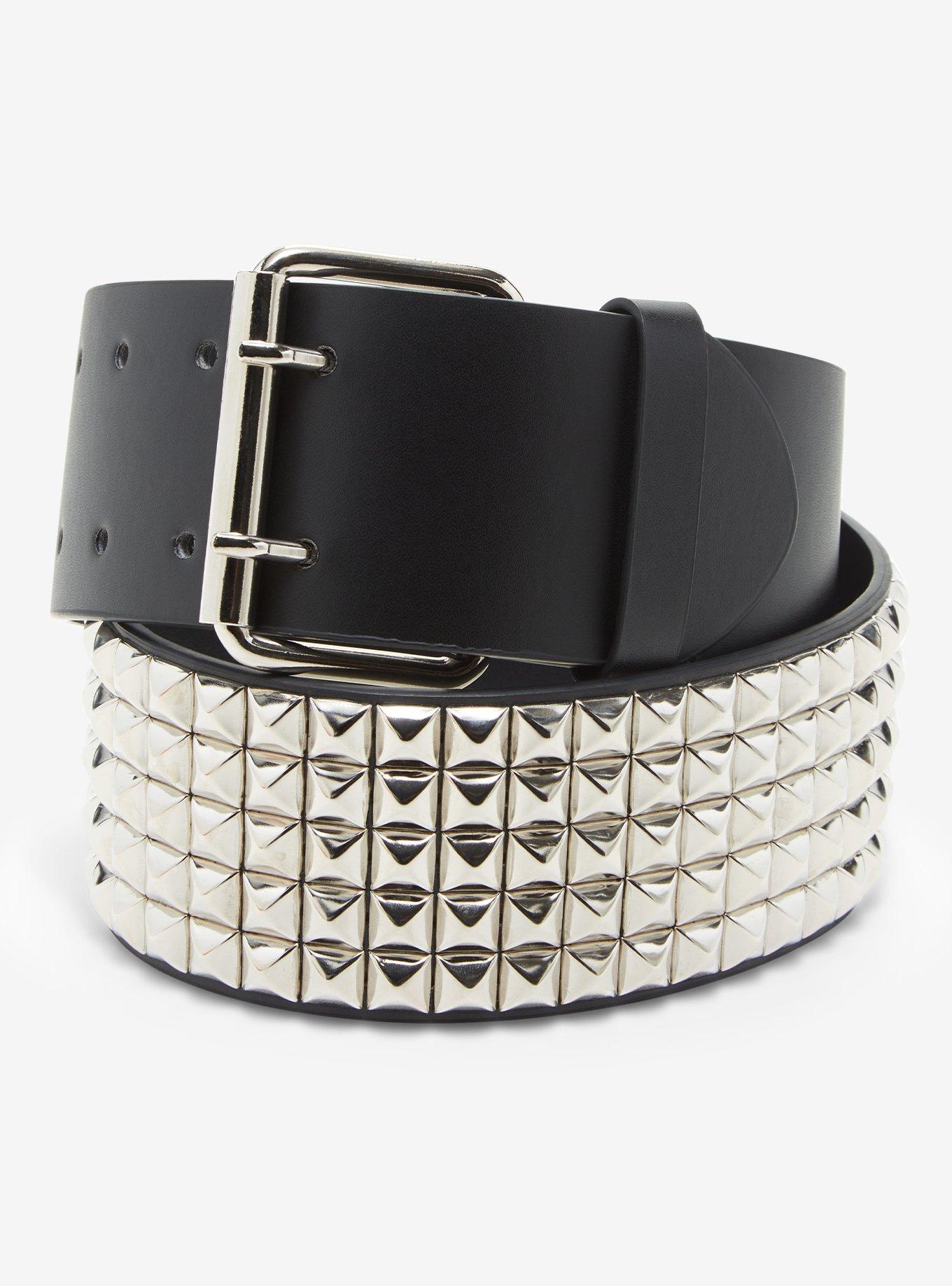 Black & Silver 5 Row Pyramid Stud Belt, SILVER, hi-res