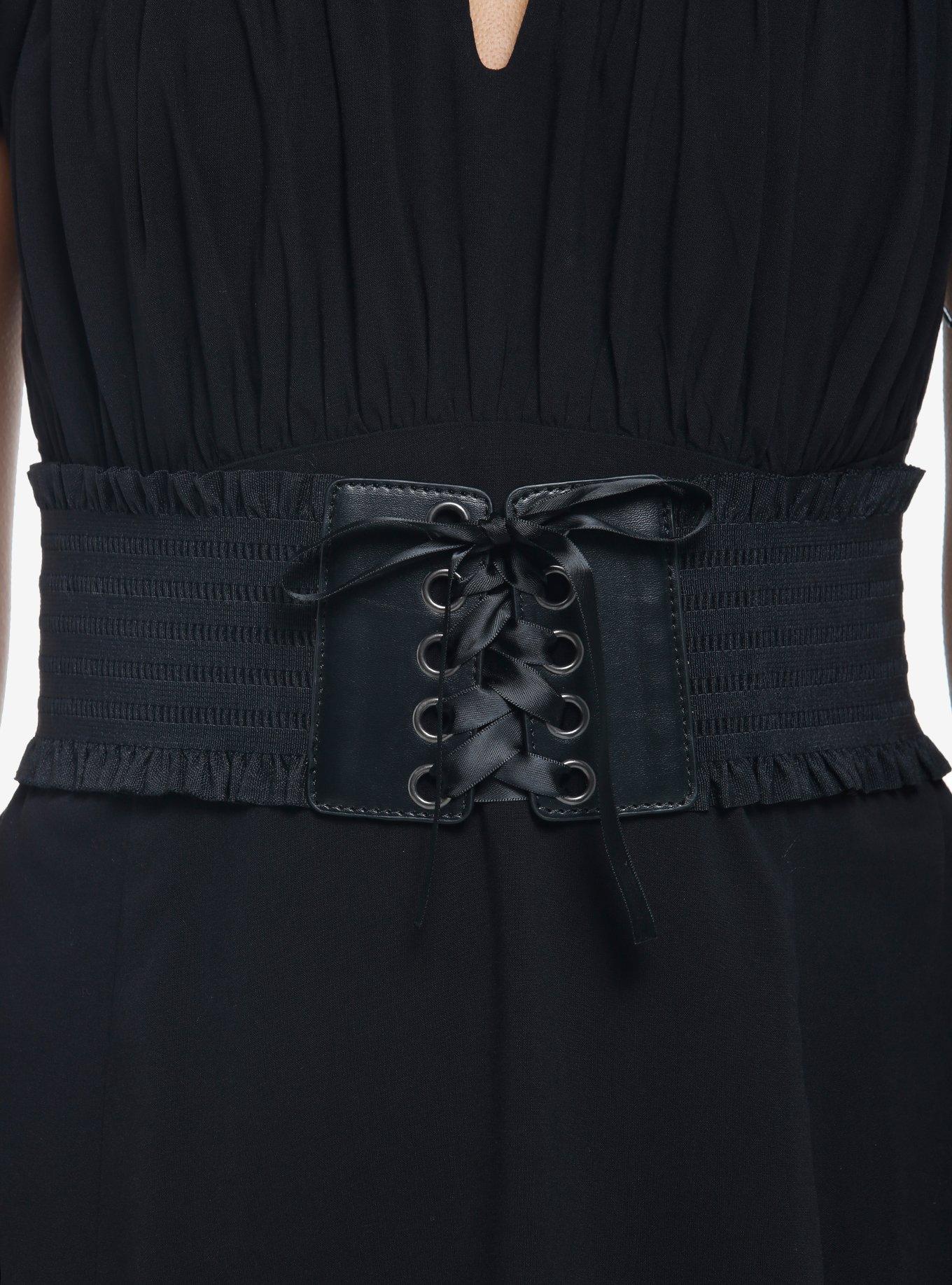 Black Ruffle Lace-Up Corset, BLACK, hi-res