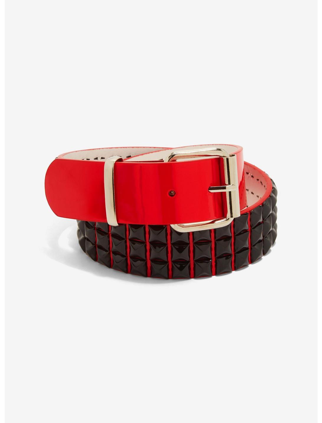 Three Row Black Pyramid Stud Red Patent Belt, RED, hi-res