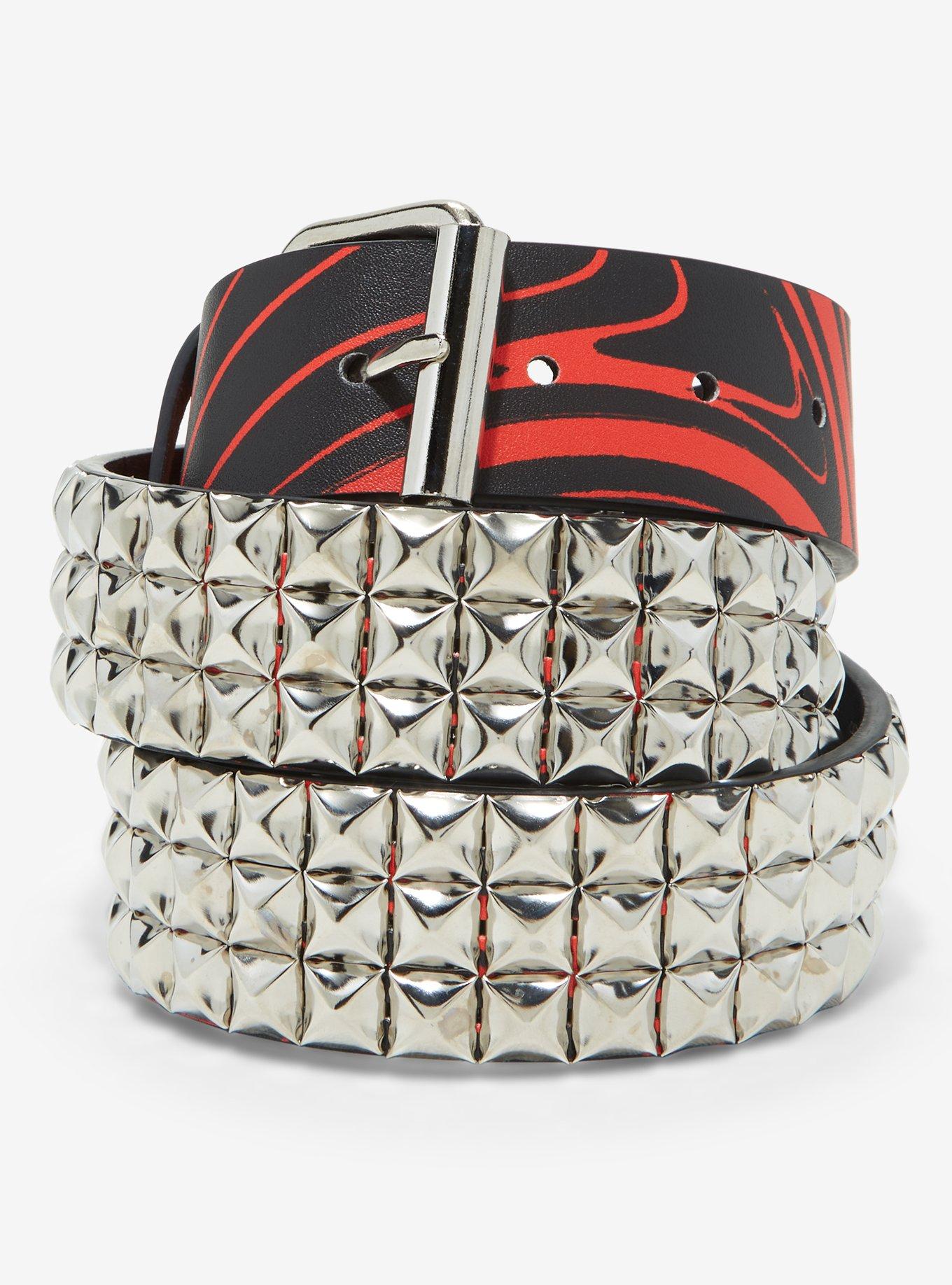 Black & Red Marble Pyramid Stud Belt, BLACK, hi-res