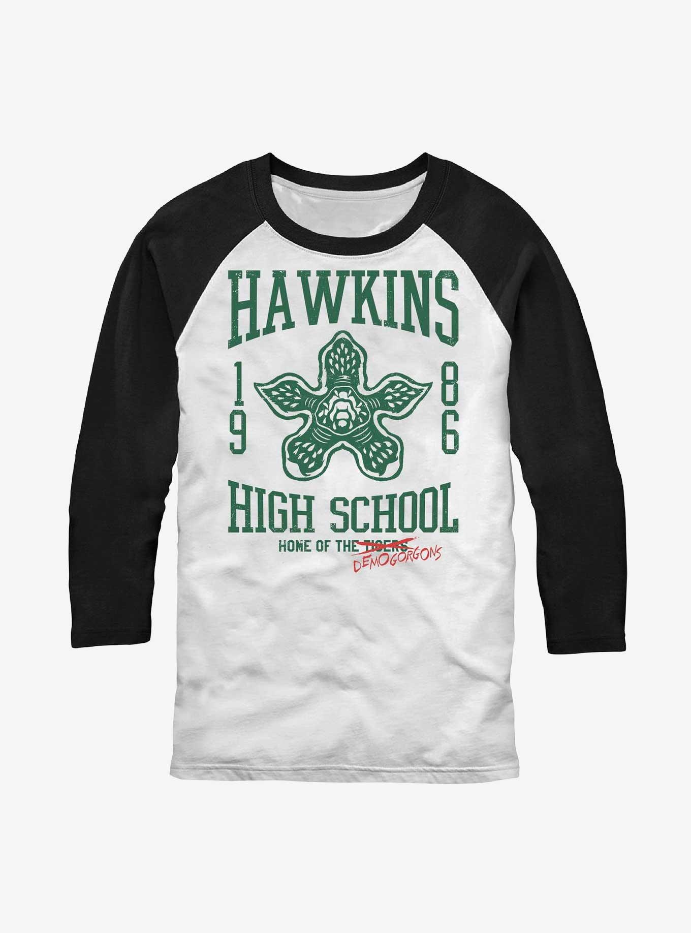 Stranger Things Hawkins High Home Of The Demogorgons Raglan, WHTBLK, hi-res