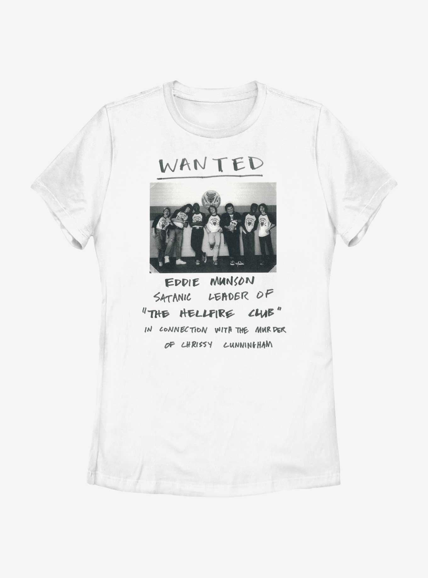Stranger Things Wanted Eddie Munson Hellfire Club Womens T-Shirt, WHITE, hi-res