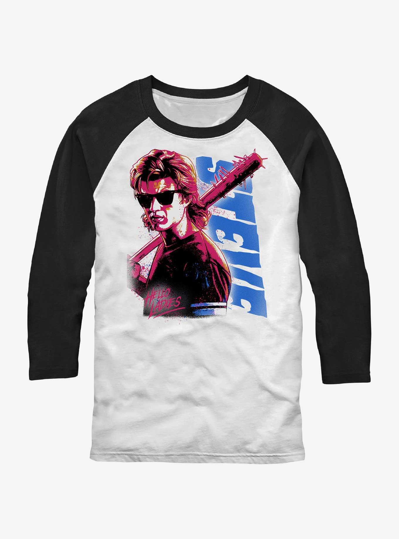 Stranger Things Steve Hello Ladies Raglan T-Shirt, WHTBLK, hi-res
