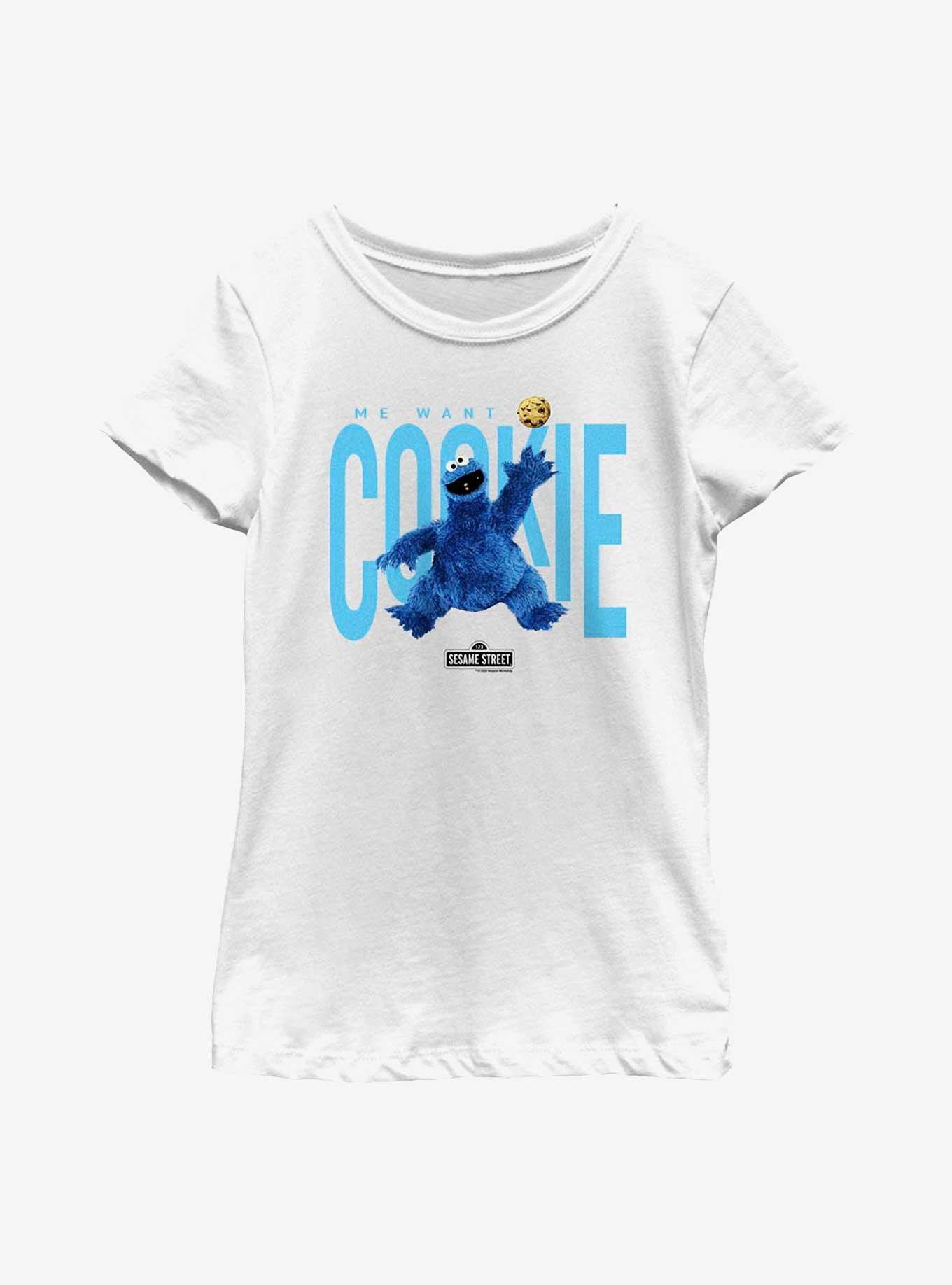 Sesame Street Air Cookie Monster Want Cookie Youth Girls T-Shirt, WHITE, hi-res