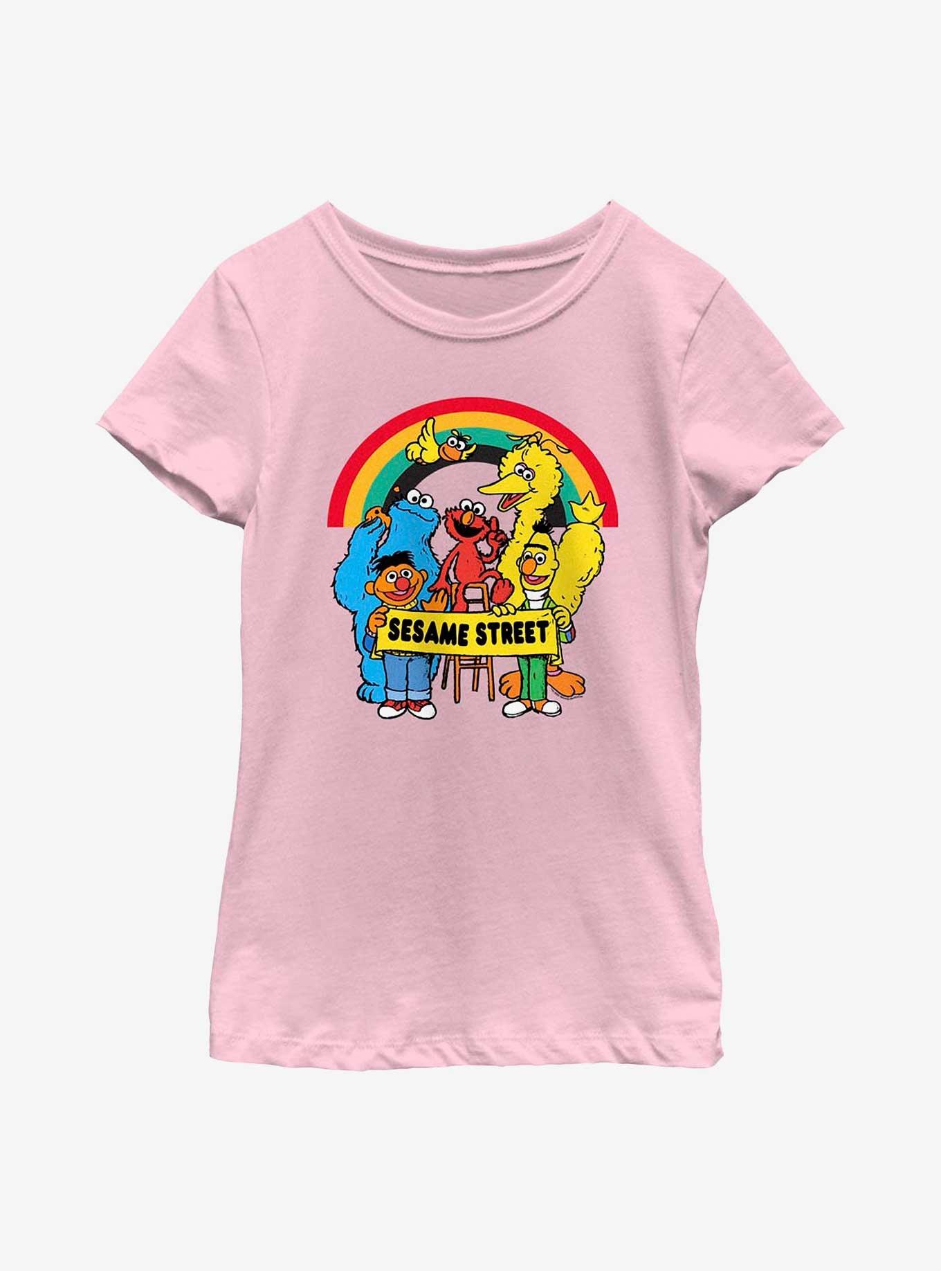 Sesame Street Rainbow Banner Youth Girls T-Shirt, PINK, hi-res
