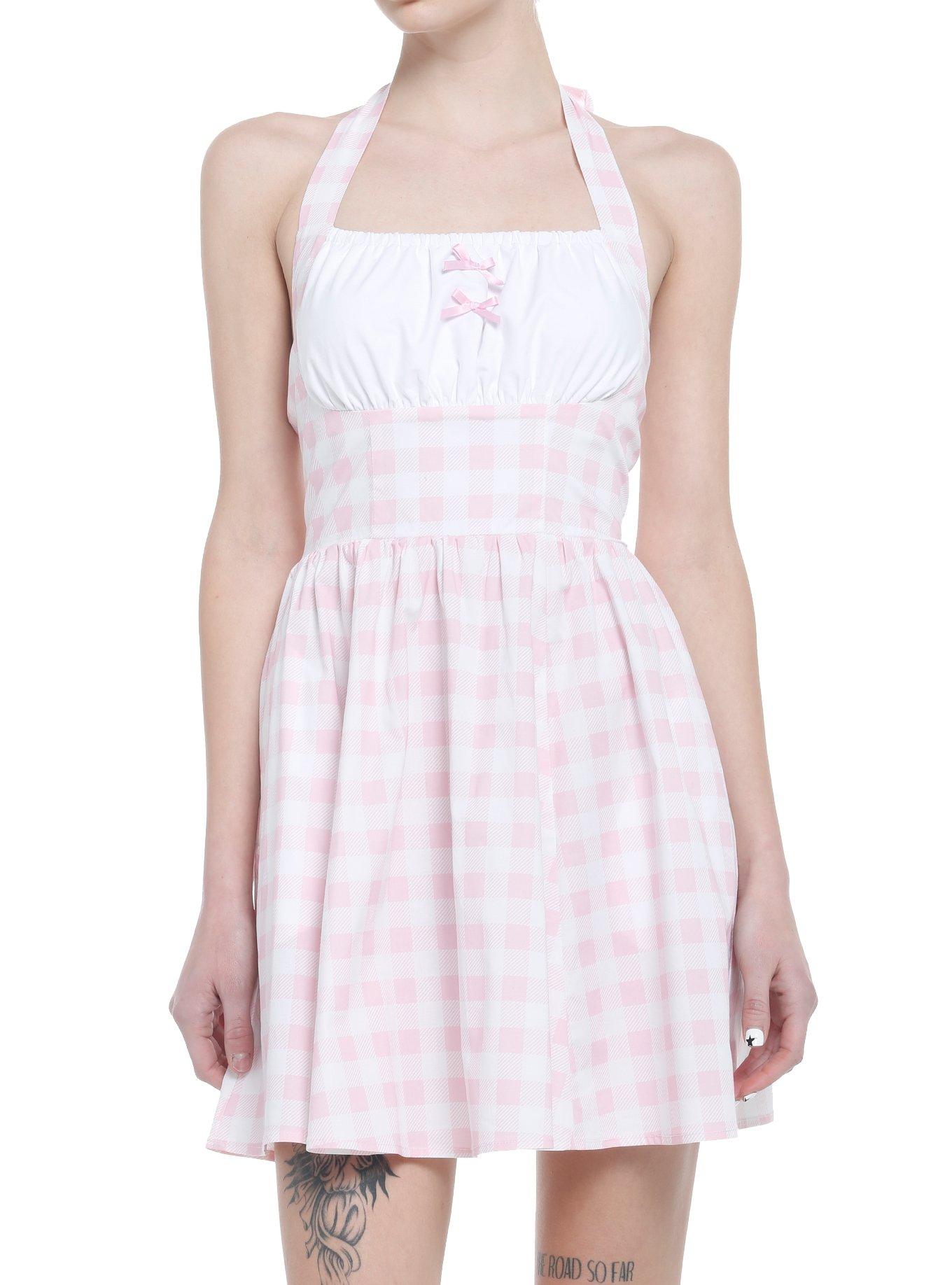 Pink Gingham Halter Mini Dress, GINGHAM PLAID, hi-res