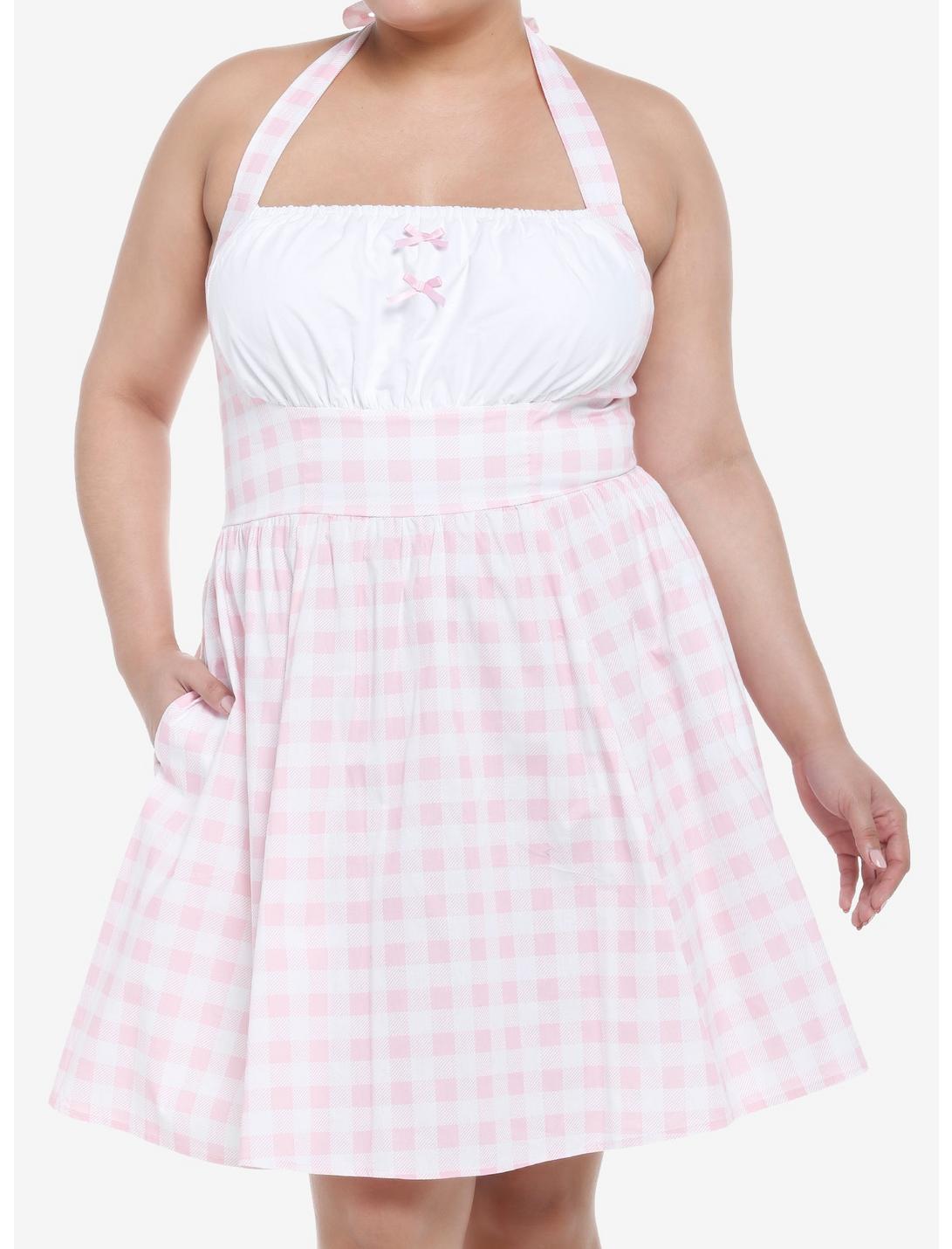 Pink Gingham Halter Mini Dress Plus Size, GINGHAM PLAID, hi-res