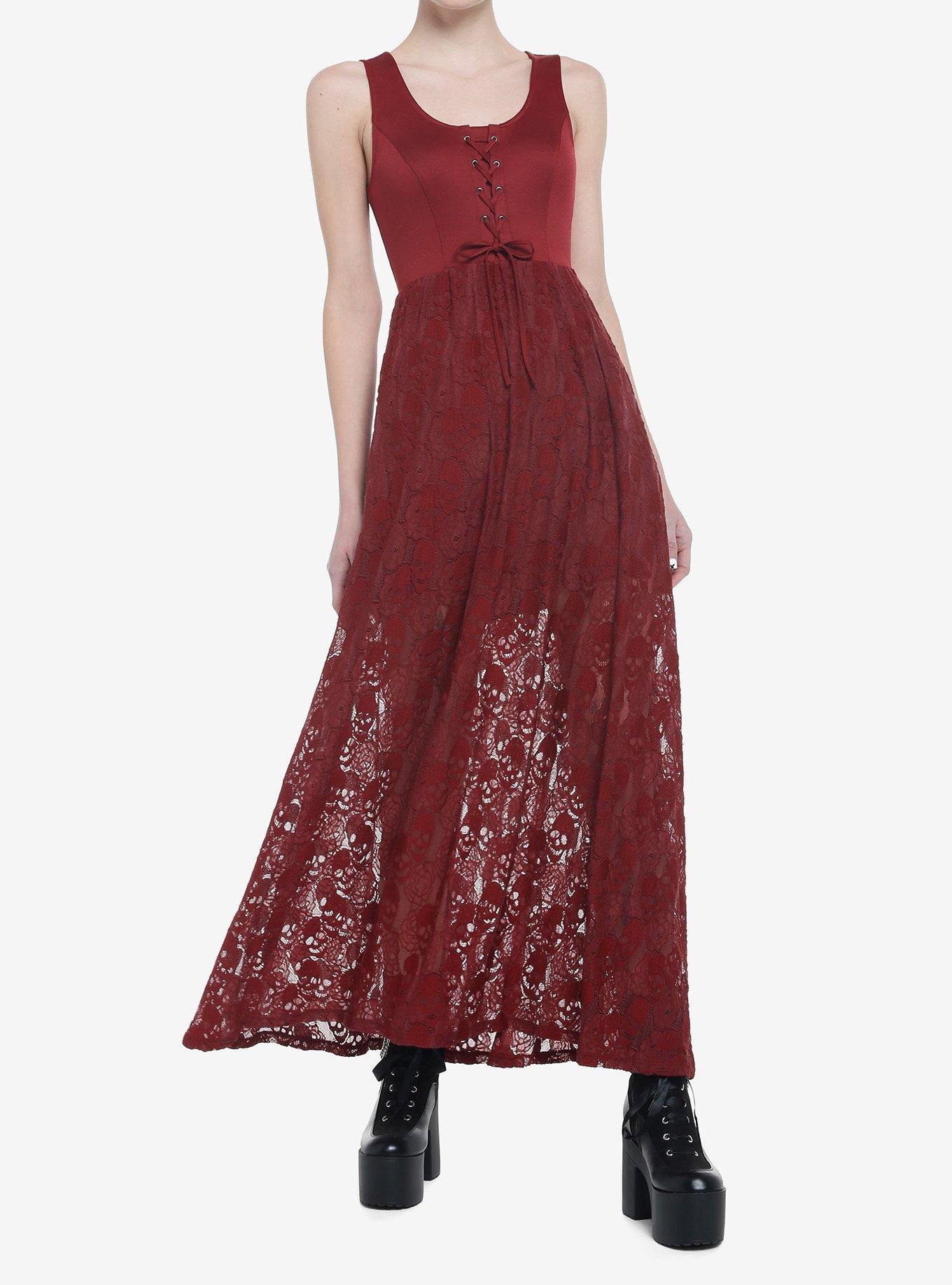 Burgundy Skulls LaceUp Maxi Dress Hot Topic