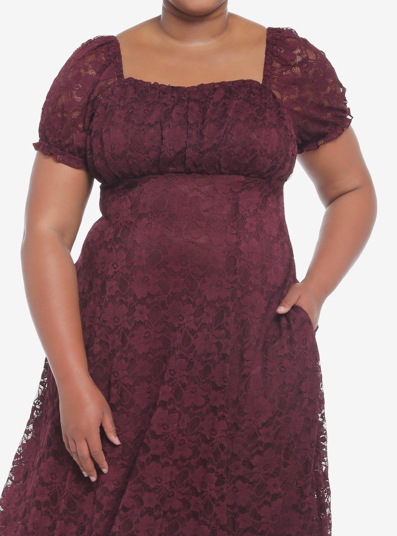 Burgundy Floral Lace Midi Dress Plus Size, FIG, hi-res