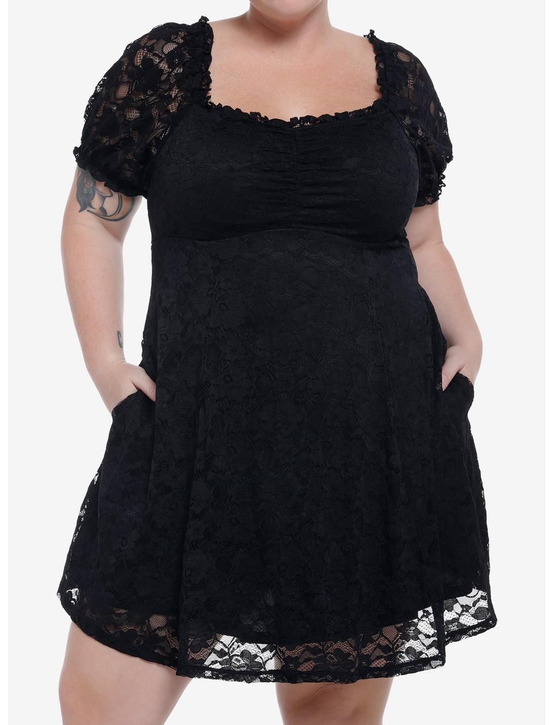 Black Lace Babydoll Dress Plus Size, BLACK, hi-res