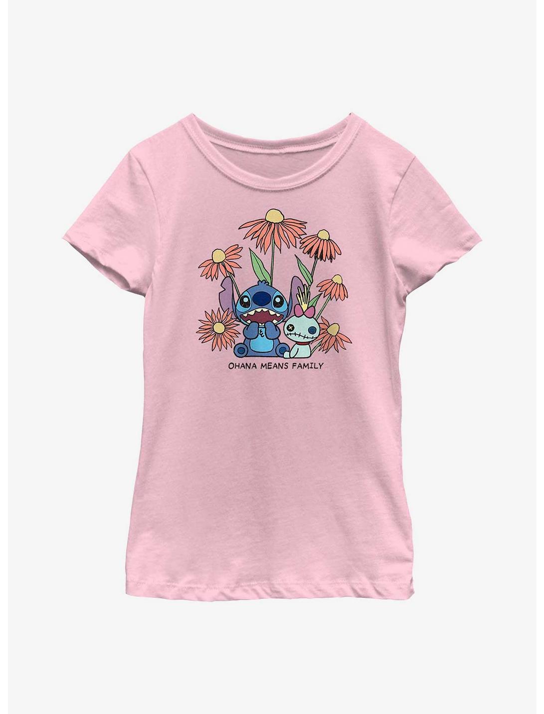 Disney Lilo & Stitch Chibi Floral Ohana Means Family Youth Girls T-Shirt, PINK, hi-res