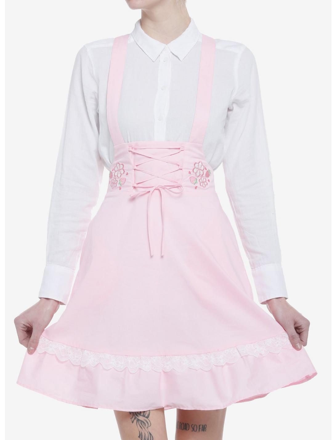 Pink Sakura Lace-Up High-Waisted Suspender Skirt, PINK, hi-res