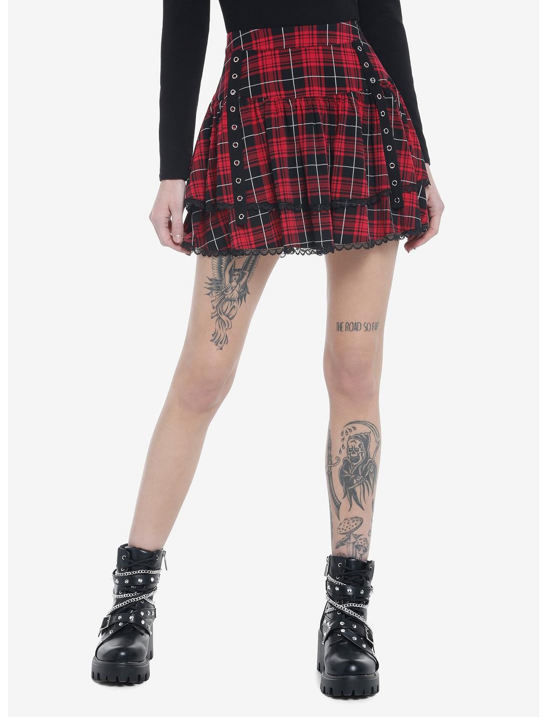 Red Plaid Grommet Straps Tiered Skirt, PLAID-RED, hi-res