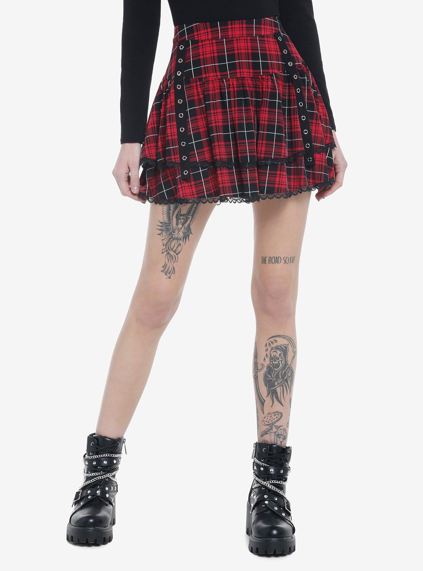 Red Plaid Grommet Straps Tiered Skirt, PLAID-RED, hi-res