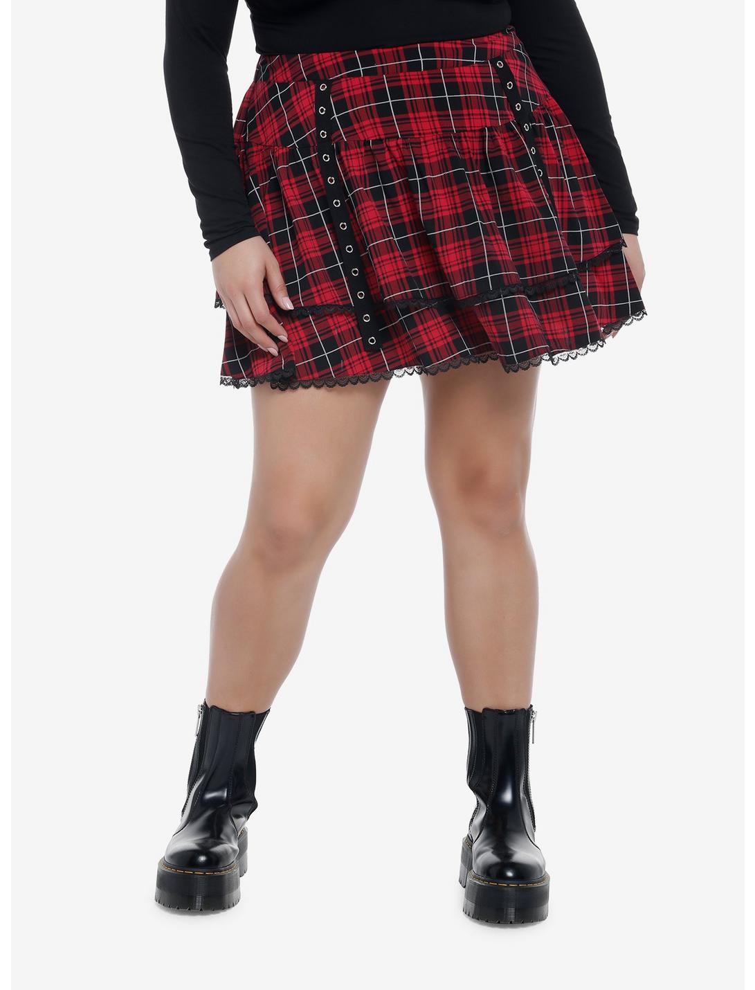 Red Plaid Grommet Straps Tiered Skirt Plus Size, PLAID-RED, hi-res