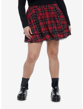 Red Plaid Grommet Straps Tiered Skirt Plus Size, , hi-res