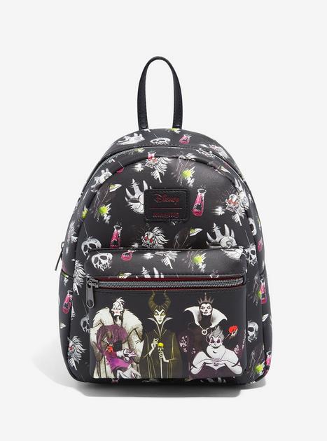 backpack with disney villains mini Loungefly x Handbag All-Over Print Cruel  Open and Clothing Facilier from The Princess and the Frog along with Hades from Hercules and Jafar from Aladdin. Loungefly Disney Villains Mini Backpack