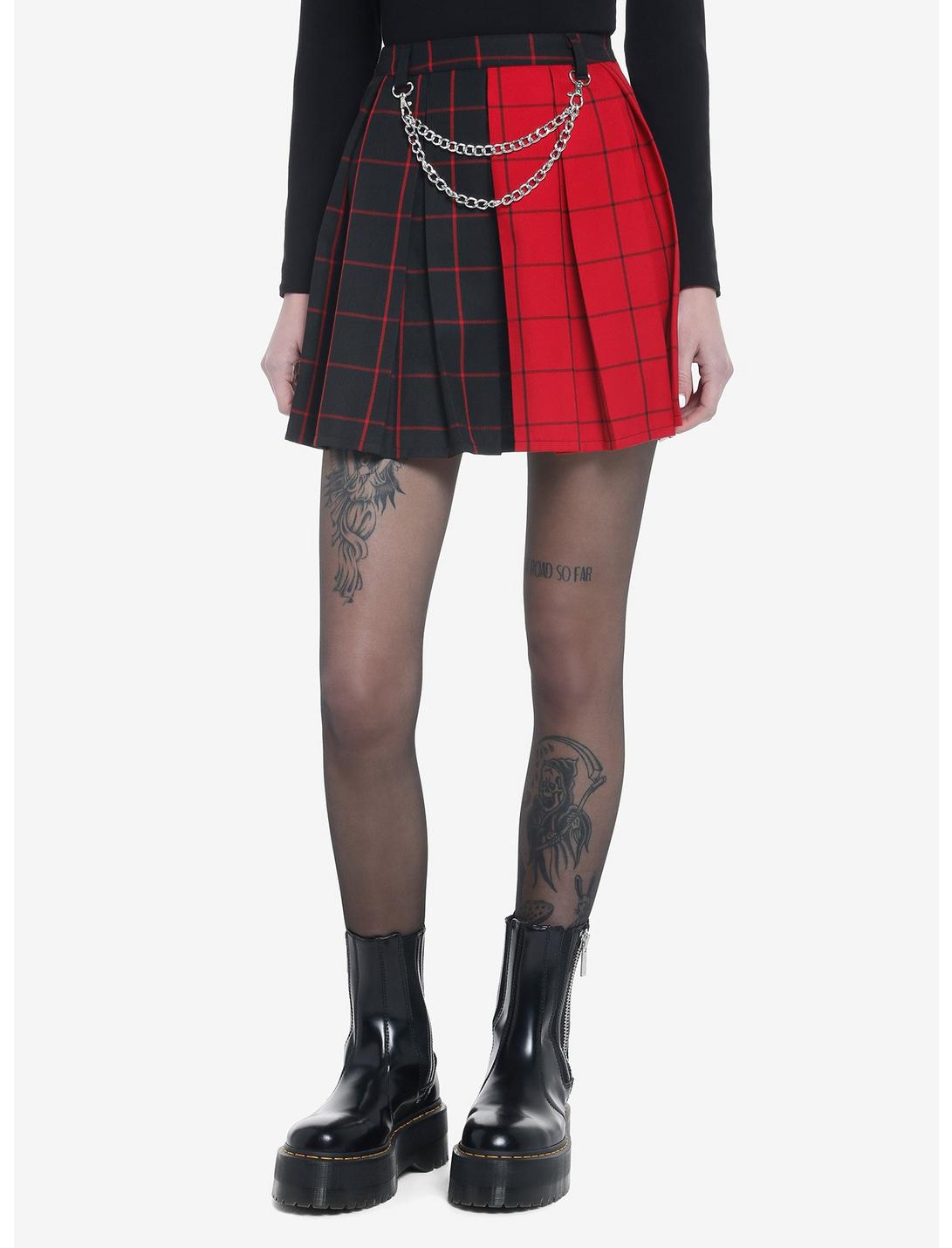 Red & Black Split Plaid Chains Pleated Skirt | Hot Topic